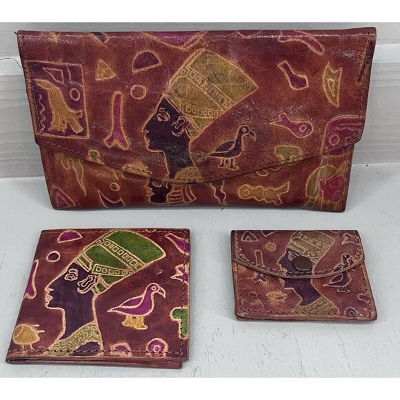 Vintage Red Leather African 3 Piece Wallet Set - Picture 1 of 8